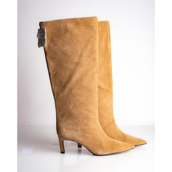 Zara Womens Knee High Boots Wide Shaft Split Leather Dark Tan US 11 EU 42 NWT - Picture 8 of 10